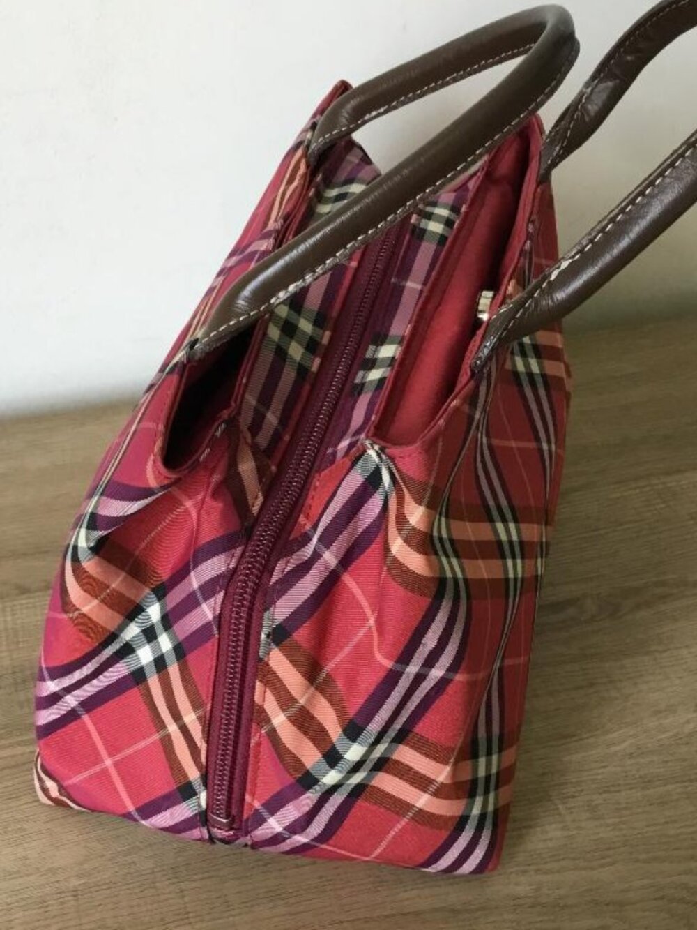 Burberry Blue Label Red Nova Check Mini Tote Bag w/Brown Leather Handles EUC - Picture 3 of 11